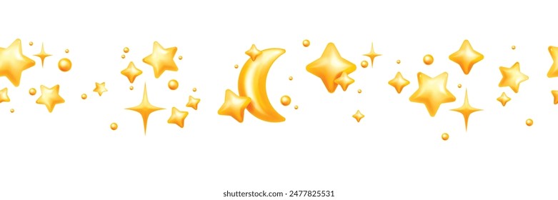 3D star seamless border, vector plastic night sky frame, yellow y2k trendy lunar holiday moon banner. New Year Christmas festive shapes, sparkle ray, children cartoon decoration. Cosmic 3D star border