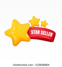 3d star seller ribbon tag label. 3d cartoon render style