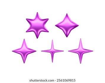 3d Star Shapes Collection Purple Pink Shiny Glossy Metallic Icons Realistic Vector Illustrations Isolated On Transparent Background