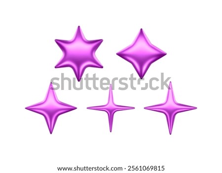 3d Star Shapes Collection Purple Pink Shiny Glossy Metallic Icons Realistic Vector Illustrations Isolated On Transparent Background