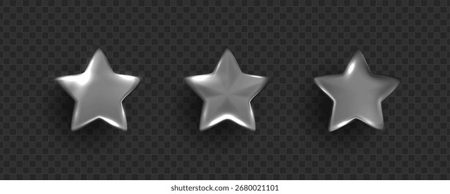 Formas de estrella 3D con superficies plateadas elegantes y brillantes. Elemento de diseño realista navideño. Forma de estrella de cinco ángulos de brillo brillante de metal brillante. Icono para elemento de diseño de vacaciones. diseño de Vector.
