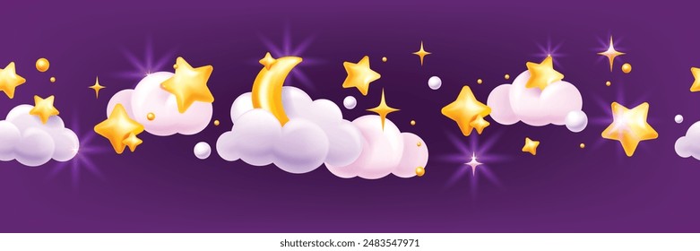 3D star sky seamless border, moon, night objects, cute dream kids vector pink frame, magic clouds. Cartoon kawaii cosmic children panoramic poster, sweet dream wallpaper. Baby 3D star background 