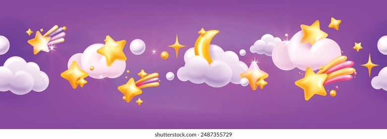 3D star sky seamless border, cute dream kids vector pink frame, magic clouds, moon, night objects. Cartoon kawaii cosmic children panoramic poster, sweet dream wallpaper. Baby 3D star background 