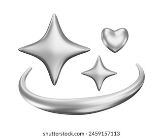 3d stars and heart, futuristic galaxy y2k element. Abstract cosmic orbit. Shiny design cyber shapes, geometric magic and love symbol. Vector isolated techno illustration. 