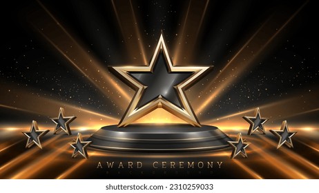 Estrellas 3D en podio negro con decoración de movimiento de luz dorada y bokeh. Elegante telón de fondo de la ceremonia de premiación. Ilustración vectorial.