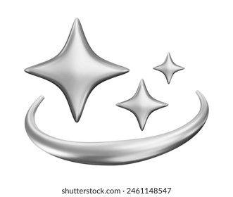 3d stars on cosmic abstract orbit in futuristic y2k style. Vector isolated illustration. Design element, cyber shapes, geometric magic symbol.