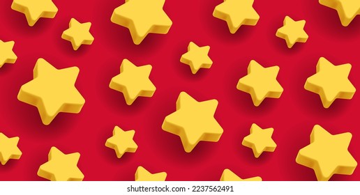 3d stars on red backdrop, render volume yellow golden shapes
