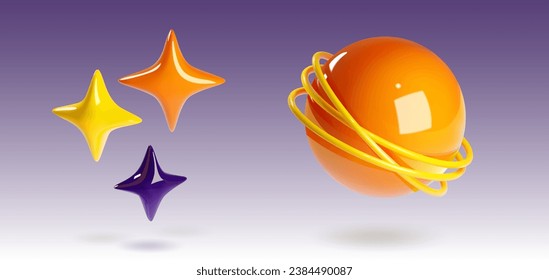 3D stars and planet isolated on background. Vector realistic illustration of glossy plastic ball with yellow rings, space object icons for vr game user interface design, cosmic adventure elements