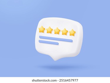 3d stars rating for best excellent services. Result score for satisfaction in speech bubble. Review for quality customer rating feedback, product award review. 3d star icon vector render illustration