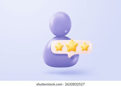 3d stars rating for best excellent services. Result score for satisfaction in speech bubble. Review for quality customer rating feedback, product award review. 3d star icon vector render illustration
