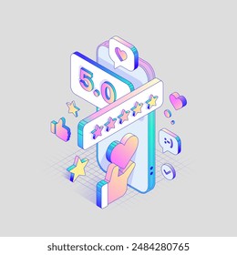 3d Stars Review and Rating Button in different Isometric Dimension. Big five sign in Holographic colors. Heart symbol Vector illustration