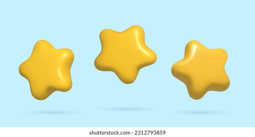 3d stars set in different positions and angles. Minimal cartoon yellow five pointed glossy plastic realistic stars. Vector illustration, achievement or customer rating feedback concept.