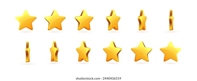 3D stars set. Ranking and rating, feedback on internet. Golden stars. Award and reward, trophy. Success and aspiration. Realistic isometric vector collection isolated on white background