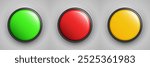 3D Start, Caution, and Stop Buttons: Red, Yellow, and Green Options for Alarm, Alert, Warning, SOS, Fail, Pass, Hazard, and Emergency Safety. Vector.