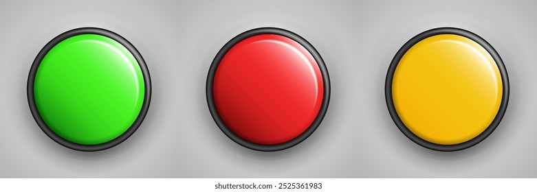 3D Start, Caution, and Stop Buttons: Red, Yellow, and Green Options for Alarm, Alert, Warning, SOS, Fail, Pass, Hazard, and Emergency Safety. Vector.