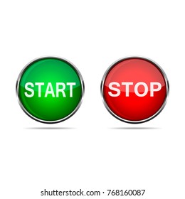 3D START and STOP round buttons on white background. Vector illustration. Realistic red and green buttons.