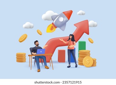 3D startup business team presenting and analyzing sales growth chart. Teamwork managers 3D character, money stack earnings. Pie diagrams with arrow and stack of money. For business success concepts