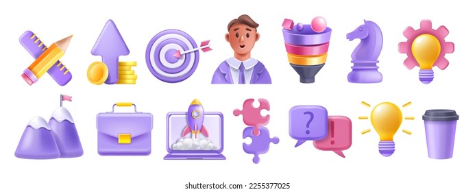 Juego de iconos de inicio 3D, pantalla de laptop, lanzamiento de cohete, bombilla de ideas creativas, avatar de trabajo, embudo. Kit de objetos de marketing vectorial de proyectos empresariales, concepto de estrategia profesional. estrella de logro de icono de inicio