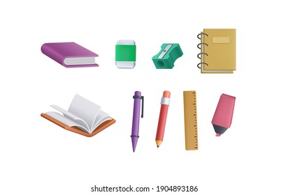 3D stationery for education, school and work. 3D Book, pen, pencil, notebook, shaperner, ruler, highlighter, marker vector.