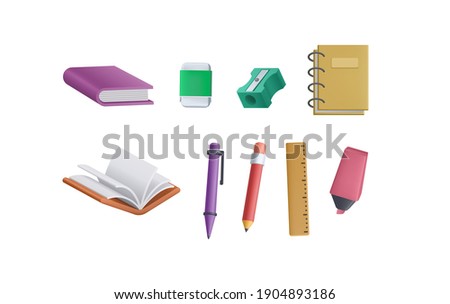 3D stationery for education, school and work. 3D Book, pen, pencil, notebook, shaperner, ruler, highlighter, marker vector.