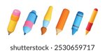 3d Stationery 3d icons. Yellow pencil pen blue crayon paintbrush stylus. Tools for drawing writing working with digital screen. Office school accessories realistic vector set