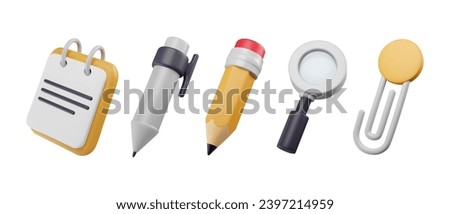 3D stationery supplies. Magnifier, notepad render, pen and pencil in plastic style, paper clip. Vector illustration with school tools. Office document. Isolated cartoon icons set. 