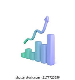 Barra gráfica estadística 3D con flecha ascendente en estilo de caricatura realista. Gráfico de beneficios de crecimiento. éxito empresarial y financiero. Ilustración del vector aislada en blanco