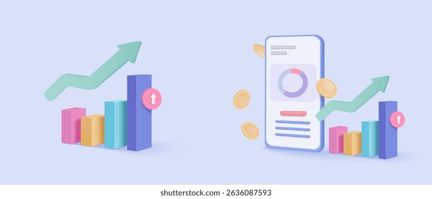 ícone gráfico de estatística 3d para relatório de diagrama de investimento. conceito de solução criativa no plano de fundo pastel. Meta para negócios, banco, finanças. ilustração de renderização de ícone de vetor de gráfico de investimento de análise 3d