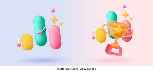 3d statistic graph icon signs for investment diagram report. winner award with golden cup, trophy champion, gold winner stars for rewards ceremony. 3d analysis graph vector icon render illustration
