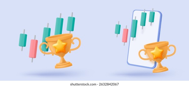 3d statistic graph icon signs for investment diagram report. winner award with golden cup, trophy champion, gold winner stars for rewards ceremony. 3d analysis graph vector icon render illustration