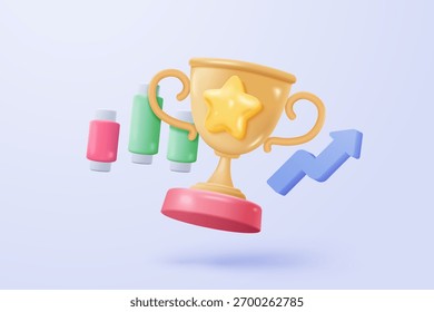 3d statistic graph icon signs for investment diagram report. winner award with golden cup, trophy champion, gold winner stars for rewards ceremony. 3d analysis graph vector icon render illustration