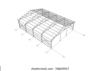 3D Steel Frame Of A Industrial Building. Vector Architectural Blueprint.