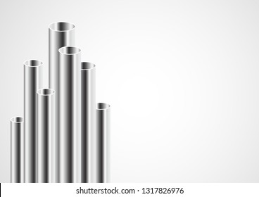 3d Steel Tubes design. Aluminum pipes of isolated on white background for Industrial. Vector illustration