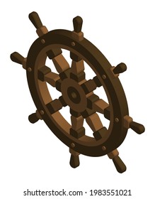 3D steering wheel ship, fishing boat. Yacht management at sea. Isometric vector