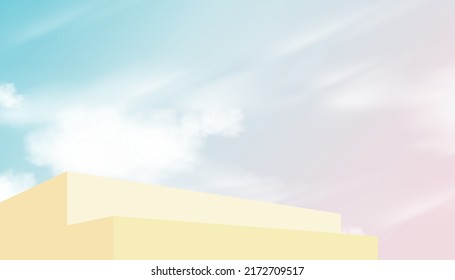 3d Step Podium With Blue, Pink Pastel Sky With Cloud Background,Vector Illustration Banner With Stage Showcase Mockup And Sweet Morning Sky,Minimal Design Backdrop For Spring,Summer Cosmetic Product