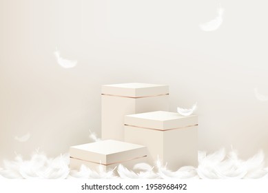 3D step podium mockup with feathers on beige color background for cosmetic and product display, vector illustration