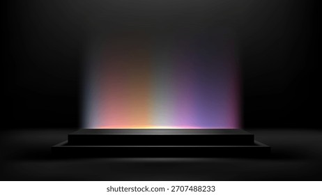 3D pisado pódio preto é centrado em um quarto de estúdio escuro vazio. plataforma moderna para a exibição de produtos digitais, vibrant luz vertical suave com arco-íris gradiente mostra produto