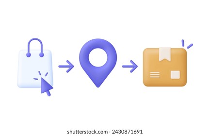 Ilustración de pasos 3D de servicios de entrega. Recibir pedido en punto de recogida. Concepto de negocio de comercio electrónico. Vector moderno y moderno en estilo 3d