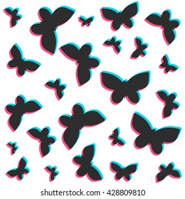 3D stereo flat style butterflies pattern. Vector isolated on white background
