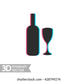 3D stereo flat style wine bottle and glass, vector isolated on white background 