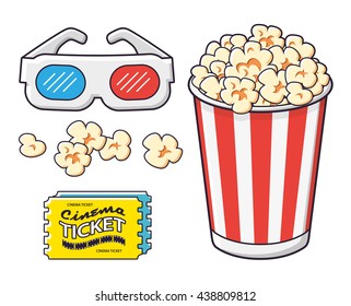3d stereo glasses, tickets, popcorn striped bucket. Cinema accessories vector icons set isolated.