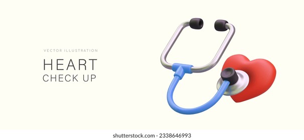 3d stethoscope and realistic heart. Web poster for department of cardiology. Medical equipment concept. Heart check up in hospital concept. Vector illustration with place for text