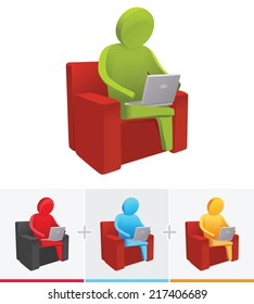 3D Stick Figure browsing through internet while sitting on a sofa