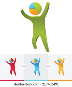 3D stick figure with pie chart head.