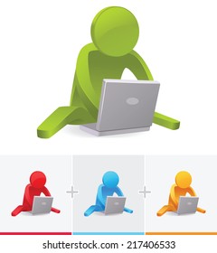 3D Stick Figure sitting on the floor while operating a notebook or laptop