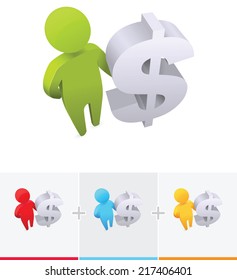 3D stick figure standing and holding a dollar symbol