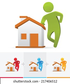 3d stick figure standing and leaning to his brand new house
