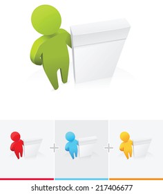 3D stick figure standing next to software box