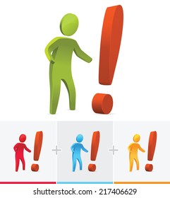 3D stick figure surprised by big exclamation mark