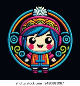 3d Stitching lines embroidery ornamental smiling little dolly girl boy pattern with frame. Tapestry cartoon dolly. Stitch textured embroidered cute child. Floral vector background. Needlework texture.